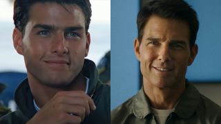 Tom Cruise in Top Gun and Tom Cruise in Top Gun: Maverick, pictured side by side. 