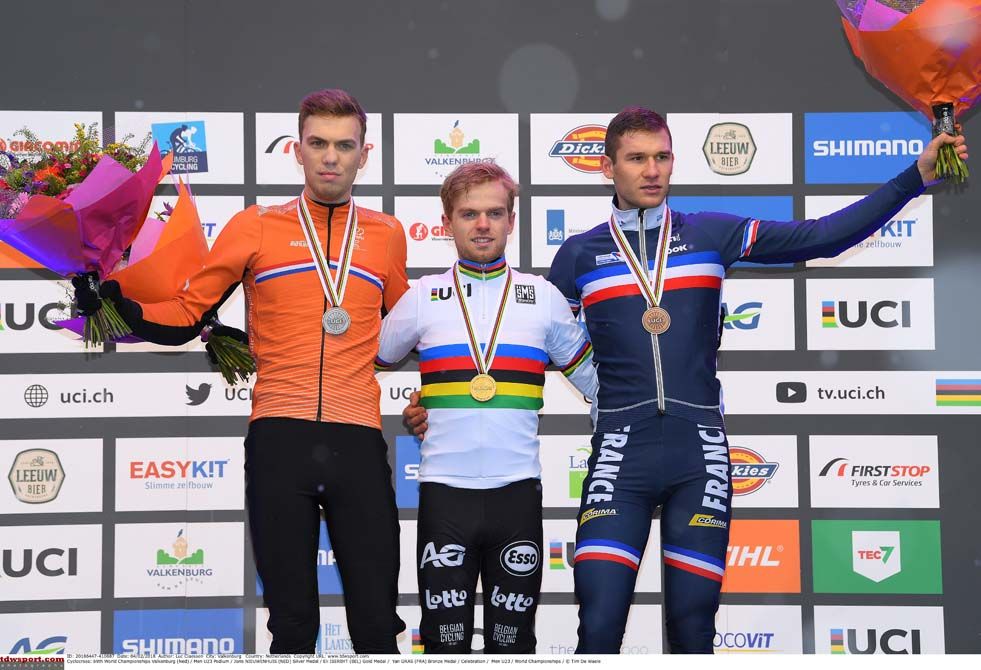 The mens U23 podium at the UCI Cyclo-cross World Championships in Valkenburg
