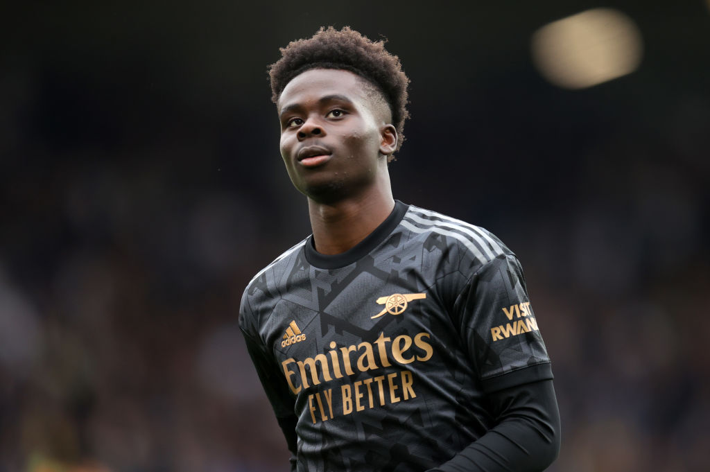 Bukayo Saka of Arsenal looks on during the Premier League match between Leeds United and Arsenal FC at Elland Road on October 16, 2022 in Leeds, England