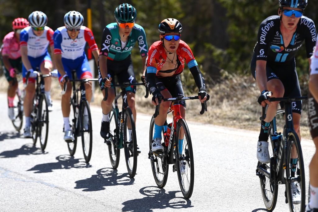 BOLZANO LANA ITALY APRIL 19 Hermann Pernsteiner of Austria and Team Bahrain Victorious competes in the breakaway during the 45th Tour of the Alps 2022 Stage 2 a 1541km stage from PrimieroS Martino di Castrozza to Lana TouroftheAlps on April 19 2022 in Bolzano Lana Italy Photo by Tim de WaeleGetty Images