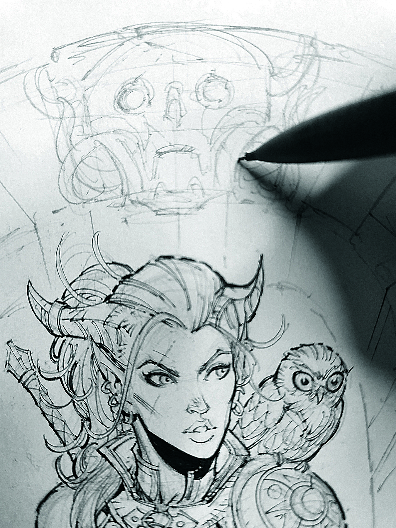 An image showing a step from a drawing tutorial on how to draw a fantasy character in pencil, pen and marker