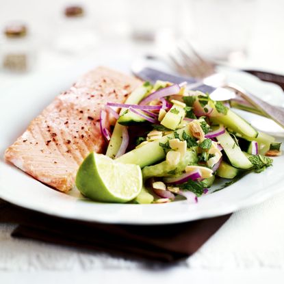 Hot smoked salmon-cucumber salad-food-woman and home