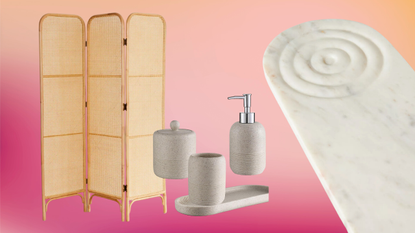 rattan screen, bathroom accessories and marble bath caddy