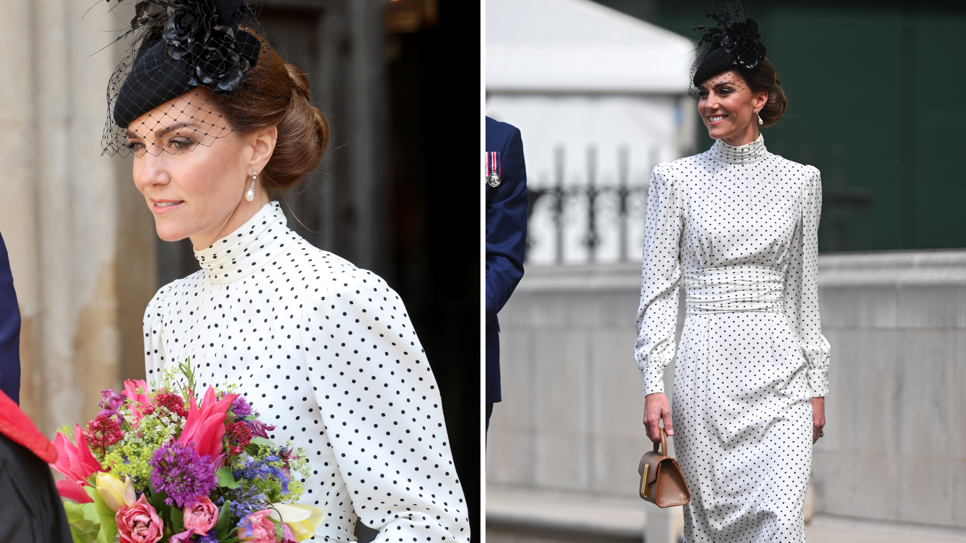 Catherine, Princess of Wales departs from the thanksgiving service to mark The 80th anniversary of VE Day at Westminster Abbey on May 08, 2025 in London, England