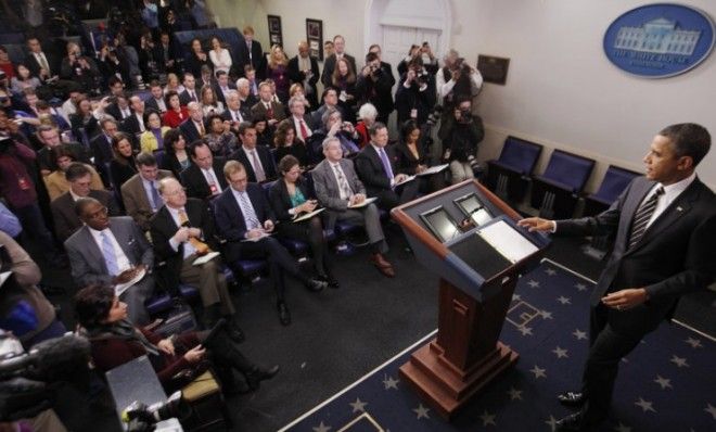 The White House press corps preps to pepper President Obama with questions on Feb. 5. 