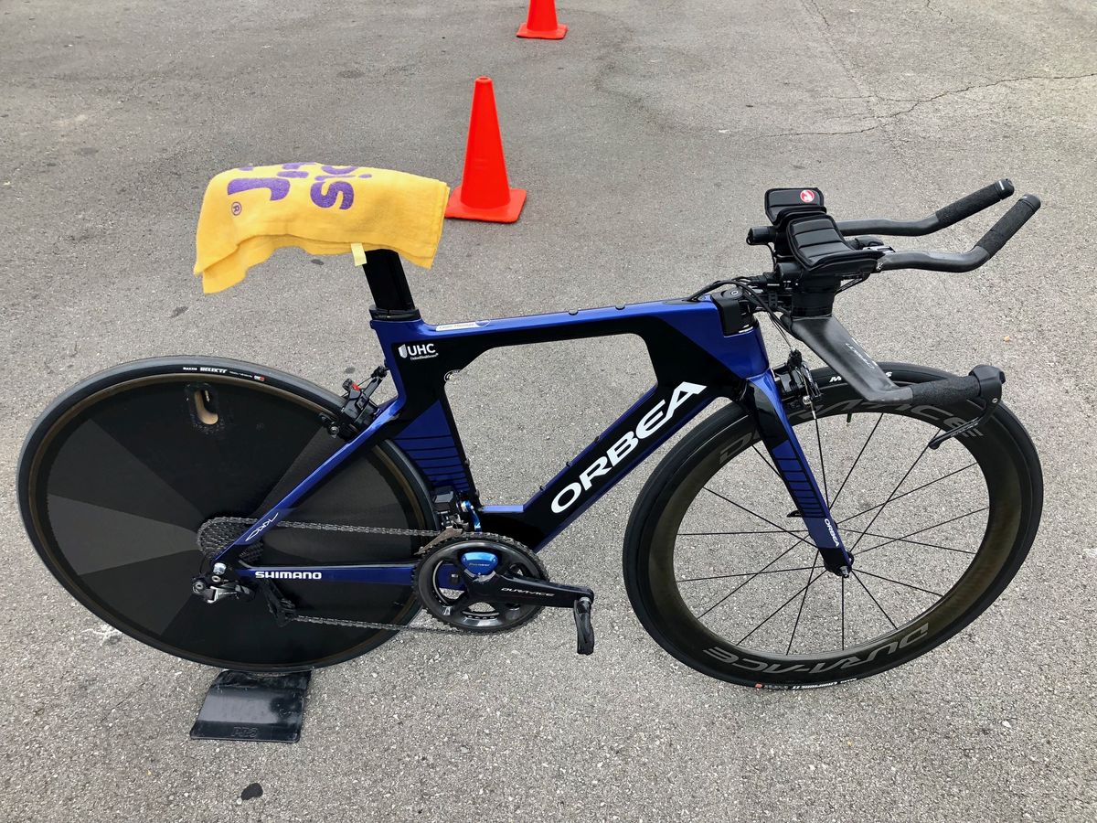 Orbea's Ordu has mounts aplenty - including on the top tube - but for a time trial UnitedHealthCare opts to plug them all with rubber