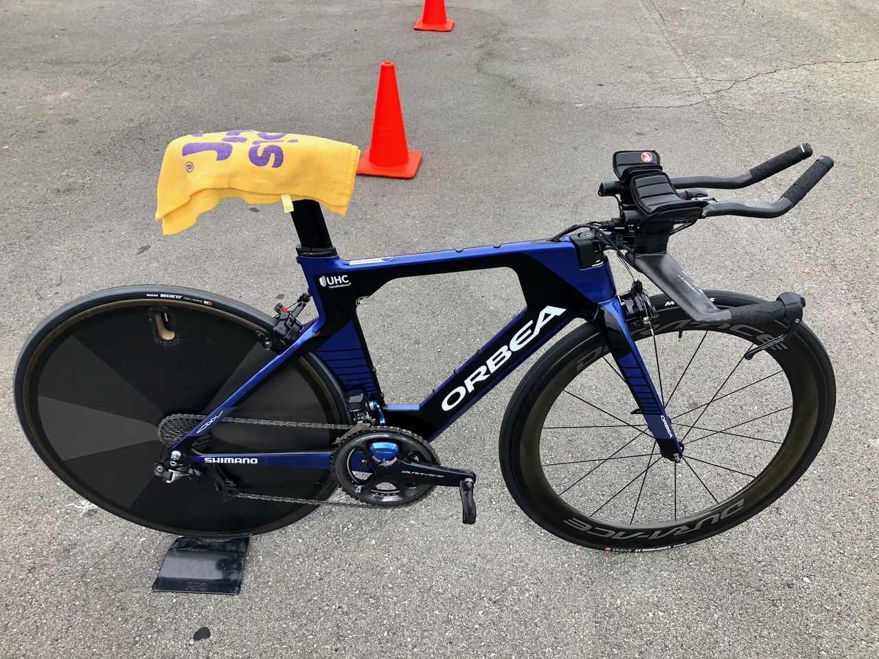 Orbea's Ordu has mounts aplenty - including on the top tube - but for a time trial UnitedHealthCare opts to plug them all with rubber