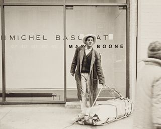 Jean-Michel Basquiat outside the Mary Boone Gallery on West Broadway, March 9, 1985