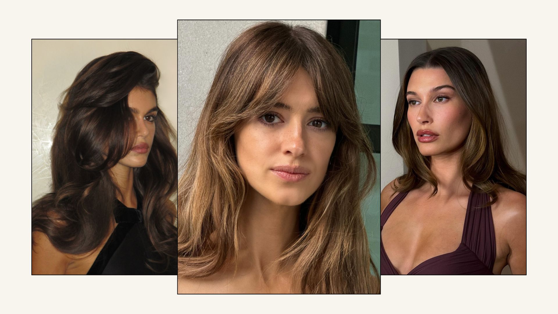 Collage of Kaia Gerber, Daisy Edgar-Jones and Hailey Bieber with brunette summer hair colours