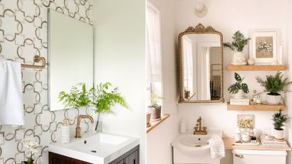 Small bathroom wall storage ideas are great. Here are two white bathrooms - one with a medicine cabinet and one with wooden shelves