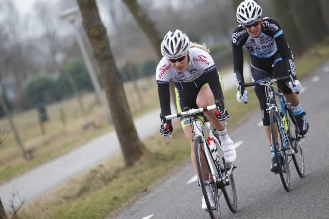 The breakaway pair - Ilona Hoeksma (Parkhotel Valkenburg) and Maaike Polspoel (Sengers Ladies Cycling Team)