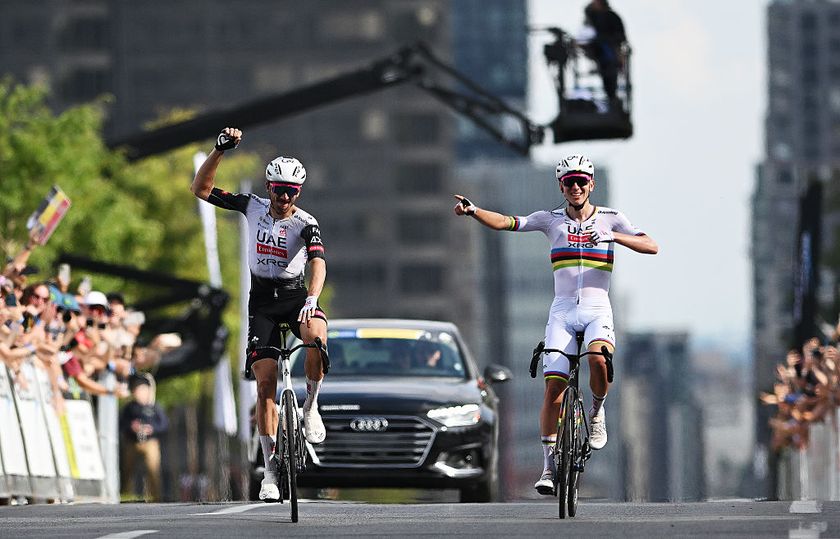 MONTREAL, QUEBEC - SEPTEMBER 14: (L-R) Brandon Mcnulty of United States of America and UAE Team Emirates celebrates at finish line as race winner ahead of his teammate Tadej Pogacar of Slovenia during the 14th Grand Prix Cycliste de Montreal 2025 a 209.1km one day race from Montreal to Montreal / #UCIWT / on September 14, 2025 in Montreal, Quebec. (Photo by Szymon Gruchalski/Getty Images)