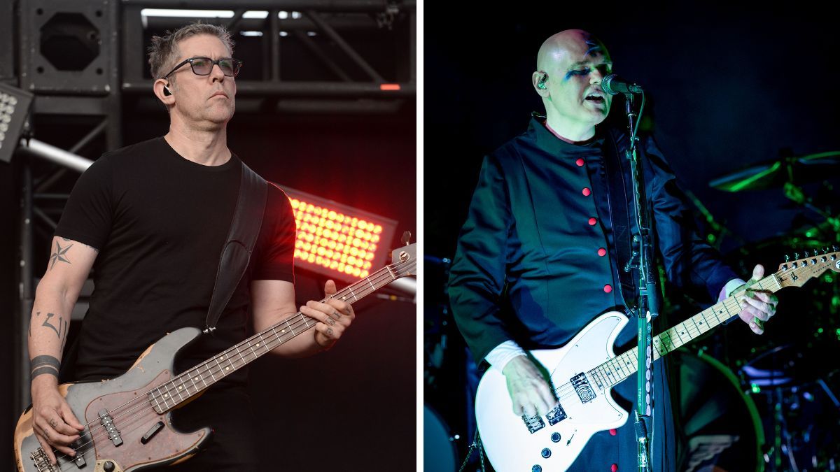 Left-Bass player Eric Avery of the band&#039;s Garbage and Janes Addiction performs onstage during KROQ&#039;s Weenie Roast at Irvine Meadows Amphitheatre on May 14, 2016 in Irvine, California; Right-Billy Corgan of The Smashing Pumpkins performs at Lucca Summer Festival on July 06, 2024 in Lucca, Italy