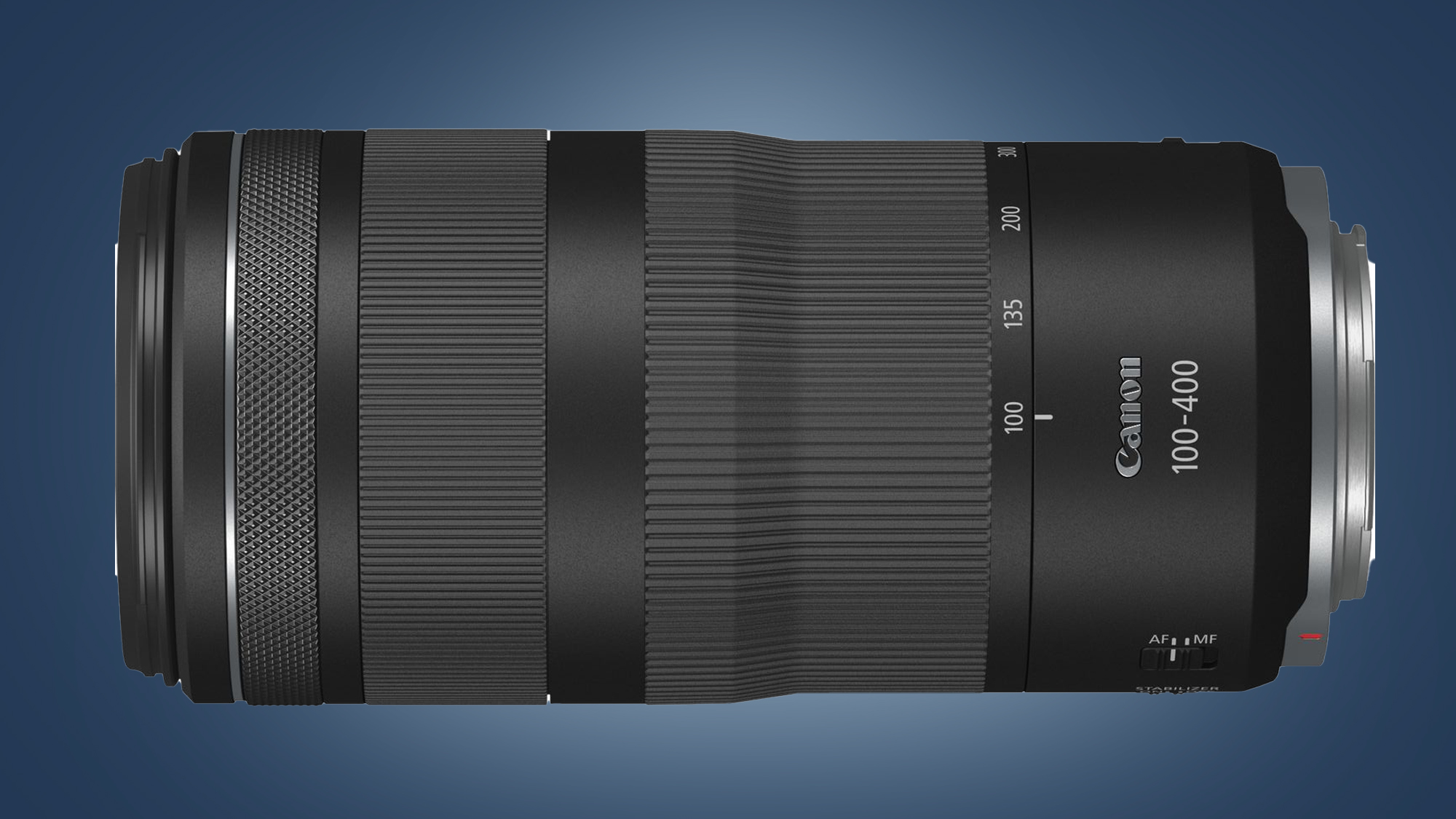The Canon RF 100-400mm f5.6-8 IS USM lens on a blue background