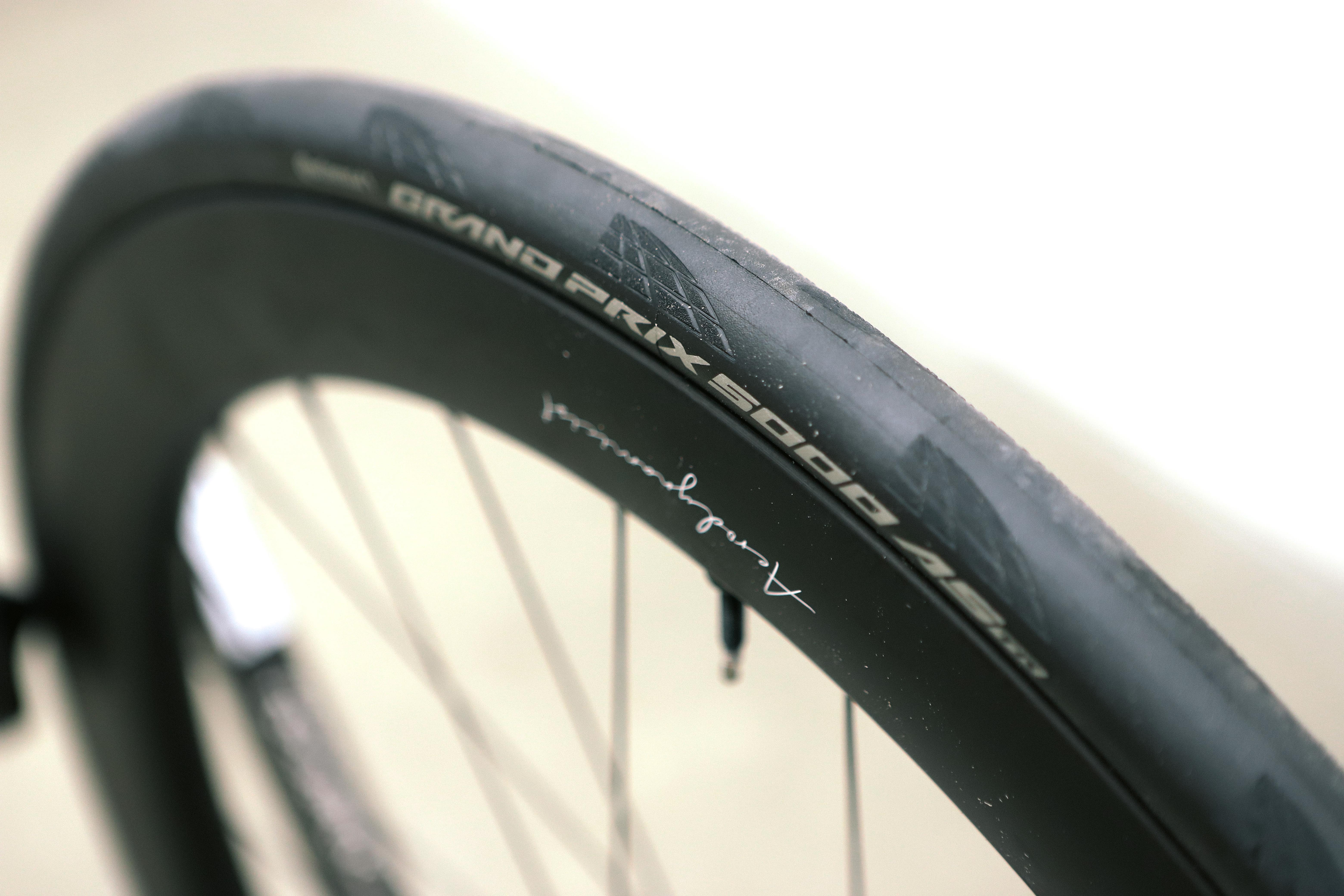 A close up of a black GP5000 AS TR road bike tyre