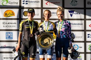 New 2020 Australian elite women's time trial champion Sarah Gigante (Tibco-SVB) is all smiles along side second-placed Grace Brown (Mitchelton-Scott, left) and Roxsolt Attaquer's Emily Herfoss 