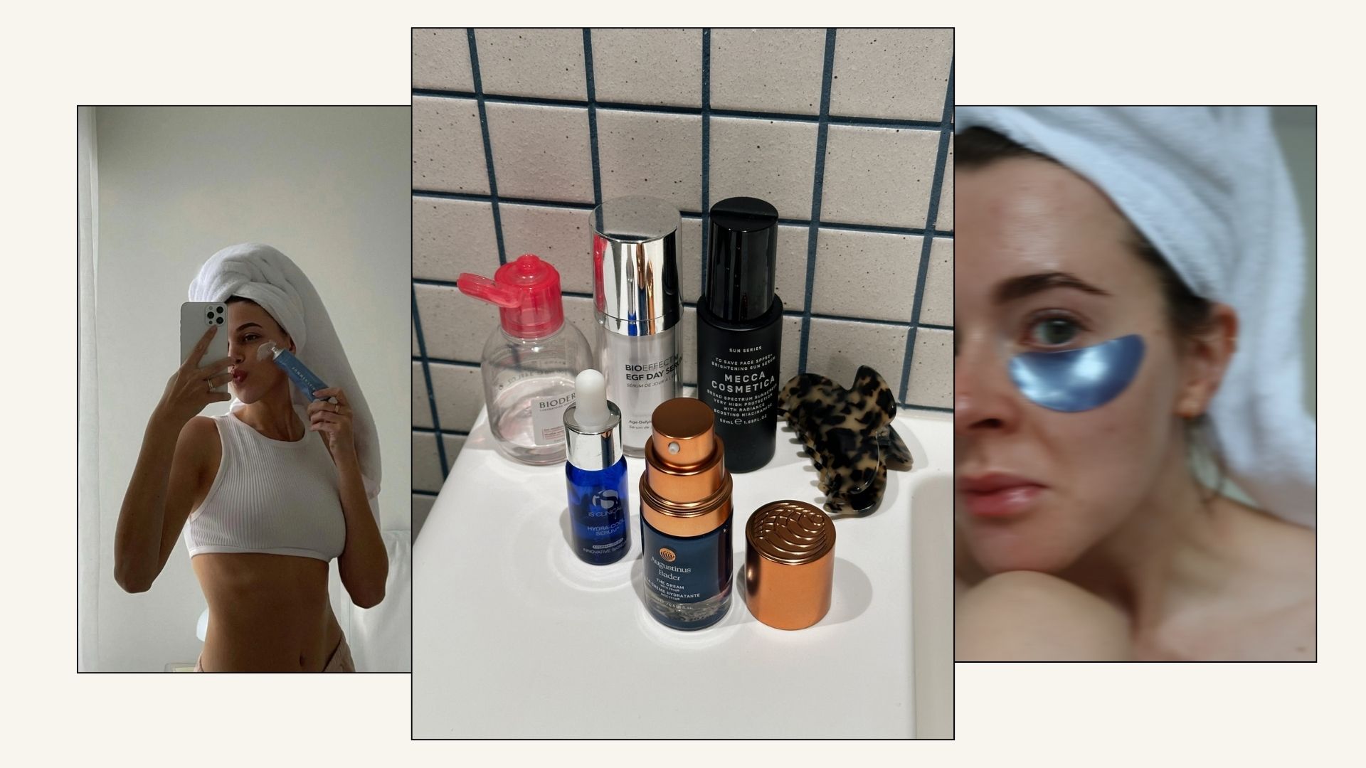 Collage of editors doing their skincare routine, and a photo of skincare products in bathroom