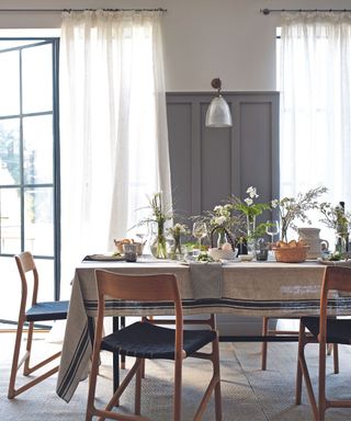 A blue and white dining room