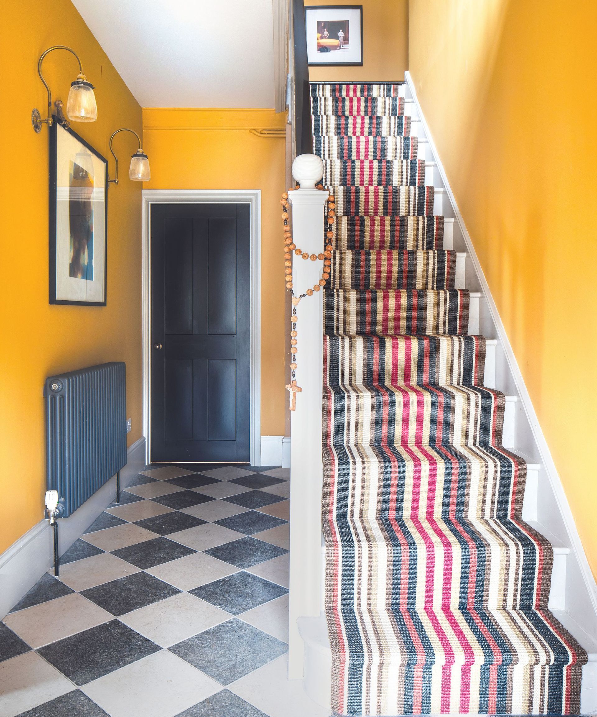 Yellow walls, black door, stripped carpet