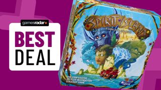 Spirit Island box beside a &#039;best deal&#039; badge, all against a purple background