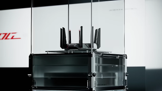 The Asus ROG Rapture GT-BN98 Wi-Fi 8 router in a glass case
