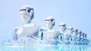 A line of robots typing at computers