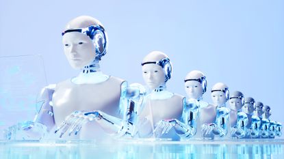 A line of robots typing at computers