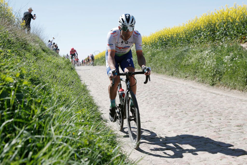 ROUBAIX FRANCE APRIL 17 10competes passing through a cobblestones sector during the 119th ParisRoubaix 2022 Mens Elite a 2572km one day race from Compigne to Roubaix ParisRoubaix WorldTour on April 17 2022 in Roubaix France Photo by Bas CzerwinskiGetty Images