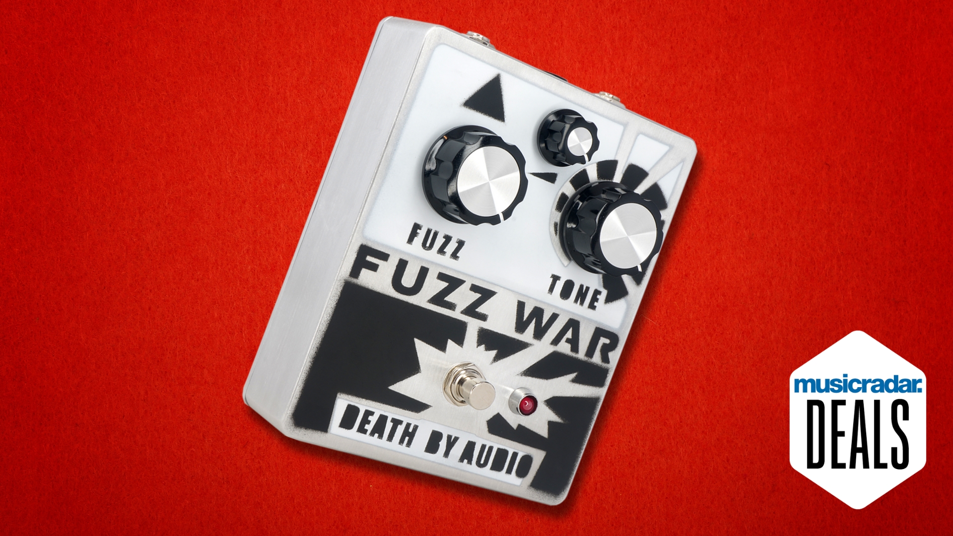 A Death By Audio Fuzz War guitar pedal on a red background