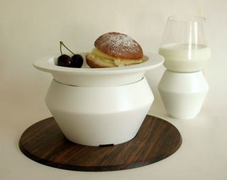 Stackable table ware made of white porcelain, glass and hardwood