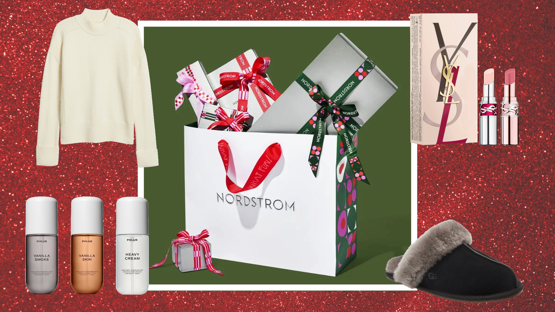 Product college of sweater, ugg boots, and beauty gift sets Nordstrom bag with wrapped gifts on green background with white border overlaid red glittery background