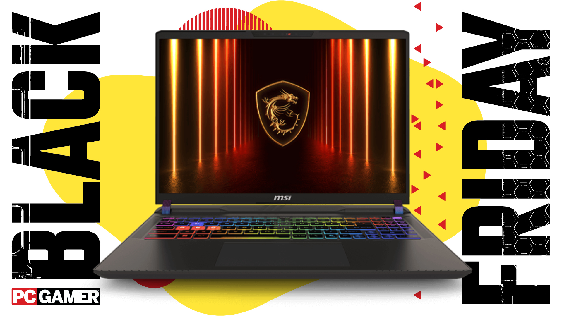 The MSI Vector 16 HX gaming laptop on a colorful Black Friday deals background with the PC Gamer logo in the bottom right