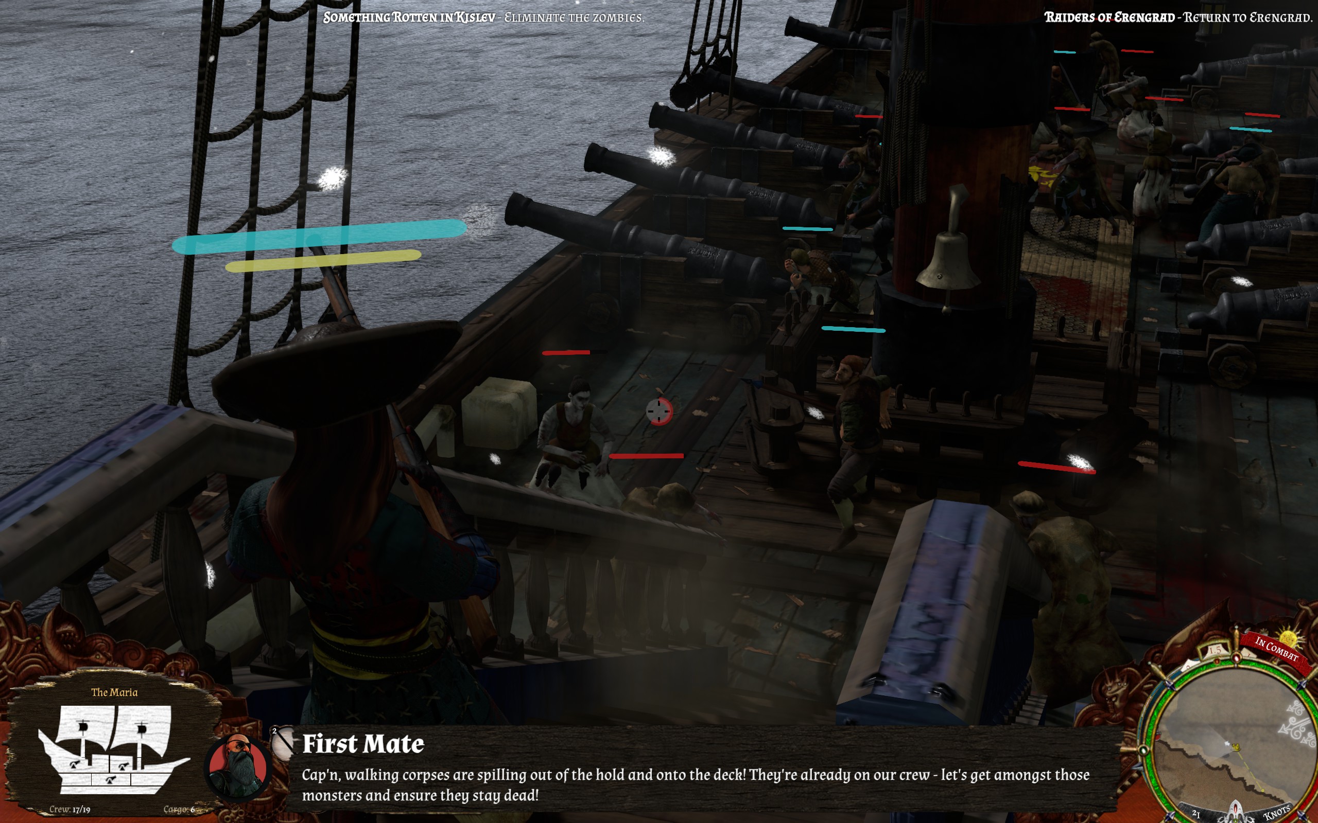 A sea captain aims her handgun at zombies who have invaded the deck of her ship