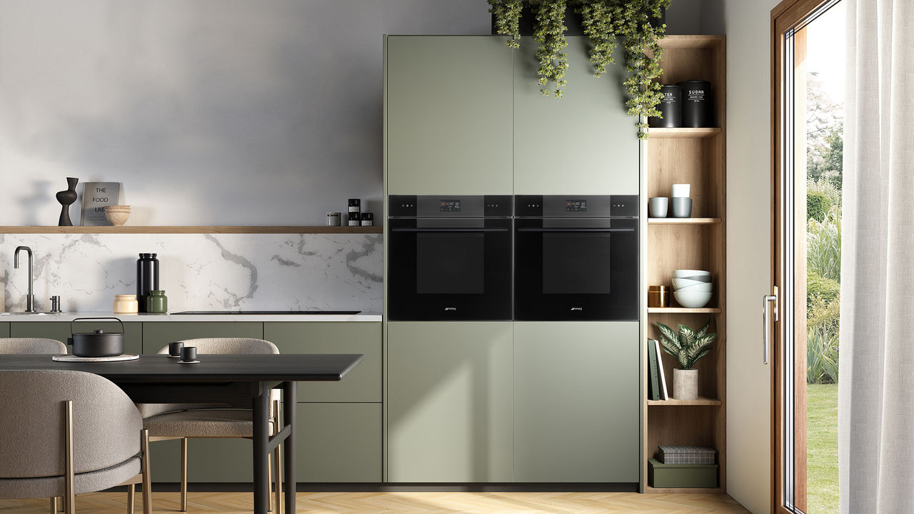 Side by side built-in Smeg appliances in kitchen cabinetry