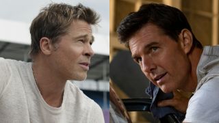 Brad Pitt looks out on the track in a white t-shirt in F1, pictured next to Tom Cruise looking up from a car hood in Top Gun: Maverick. 