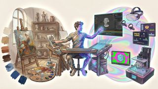 An illustration of a man mixing old and new art techniques