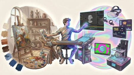 An illustration of a man mixing old and new art techniques