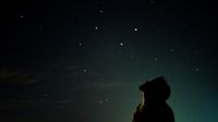 a man looks up at the night sky above.