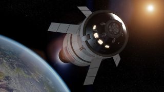 An artist's impression of the Artemis 1 Orion capsule speeding away from Earth.
