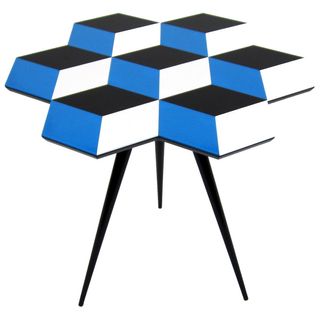 blue white and black coloured side table with acrylic top