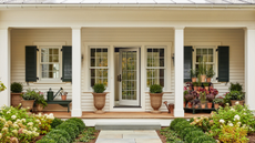 the exterior of a home with a large porch decorated with lots of plants and some plants in rattan planters