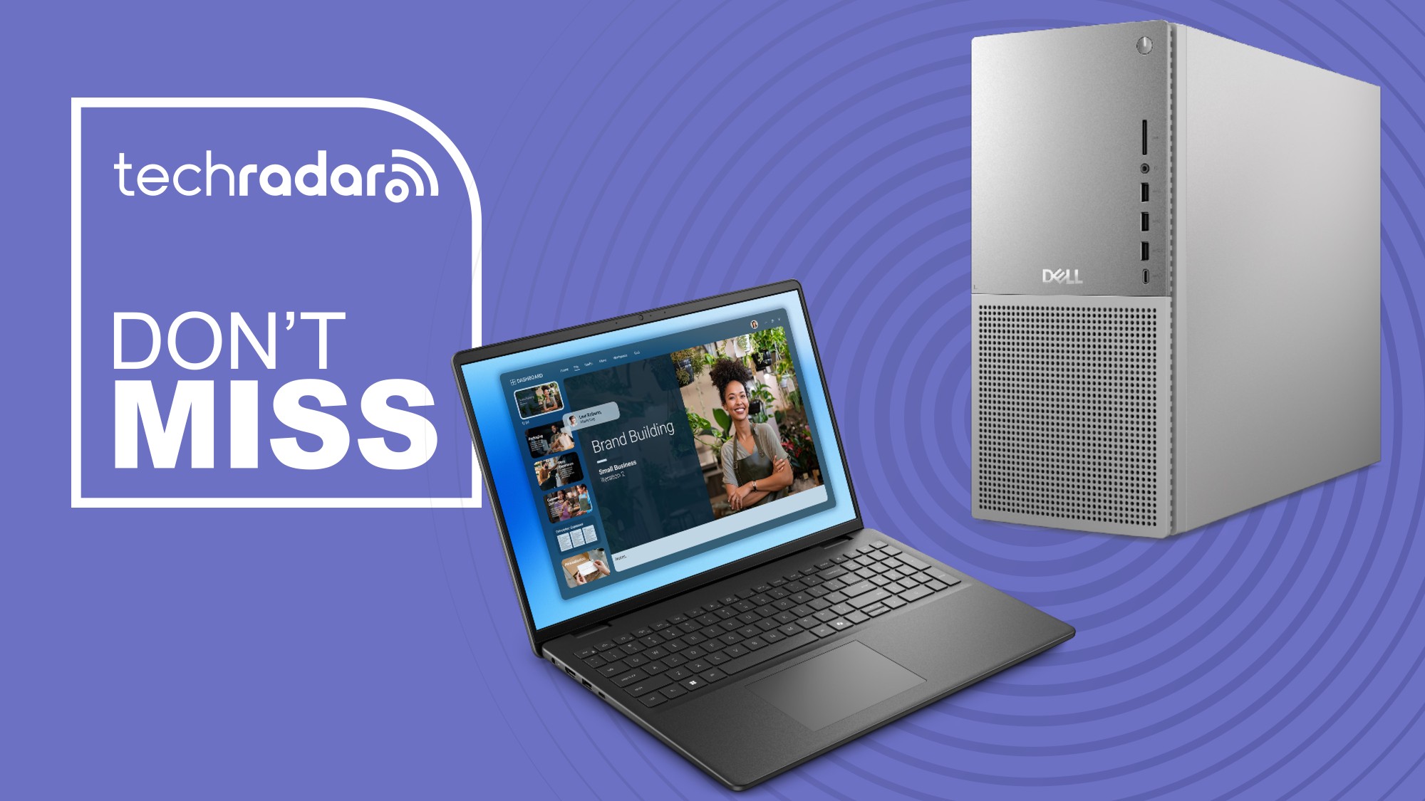 A Dell laptop and desktop PC on a purple background next to a TechRadar badge that reads 'Don't Miss'