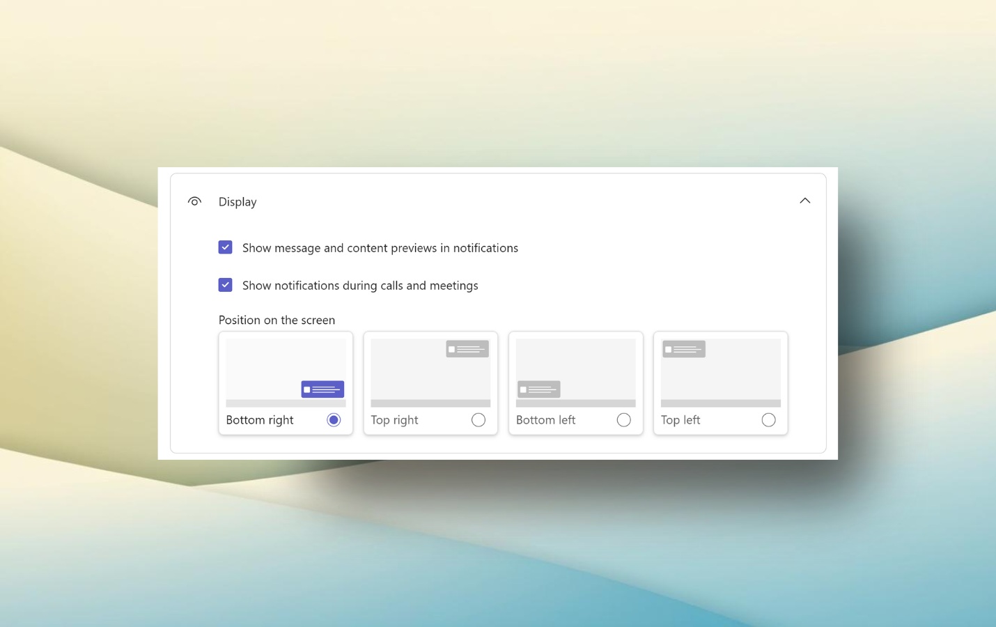 Microsoft Teams option to customize where notifications appear.