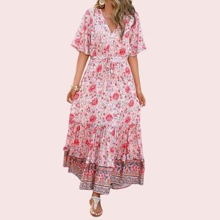 flat lay image of pink boho dress