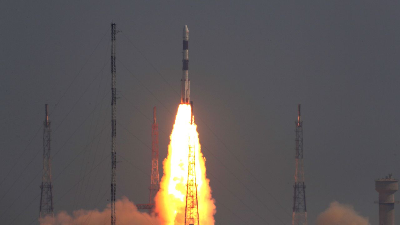 An Indian Space Research Center Polar Satellite Launch Vehicle launches the EMISAT satellite and 28 other payloads into orbit from the Satish Dhawan Space Center on April 1, 2019 (IST).