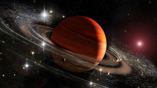 Saturn retrograde 2023: Saturn planet with rings in outer space among star dust and srars. Titan moon seen. Elements of this image furnished by NASA.