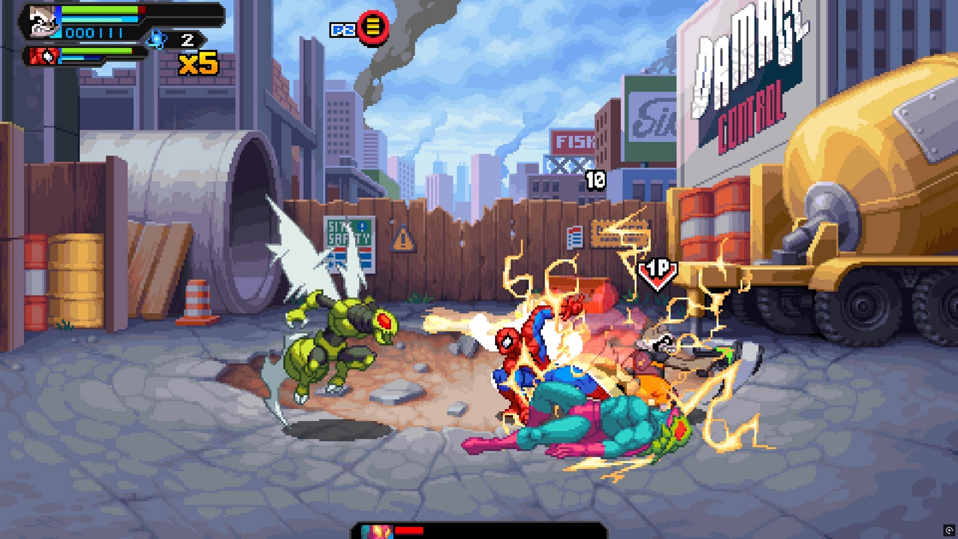 Spider-Man battles Beetle in front of Damage Control HQ in Marvel Cosmic Invasion