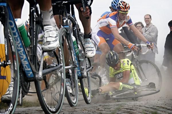 Ouch! Paris-Roubaix contender Filippo Pozzato crashes on a corner.