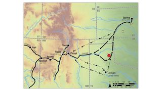 Map of northern New Mexico and the southern Great Plains depicting the reconstructed paths of the Coronado entrada.