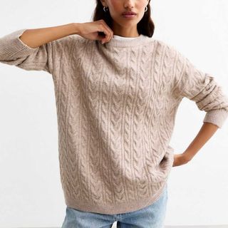 Mink Crew Neck Cable Knit Jumper